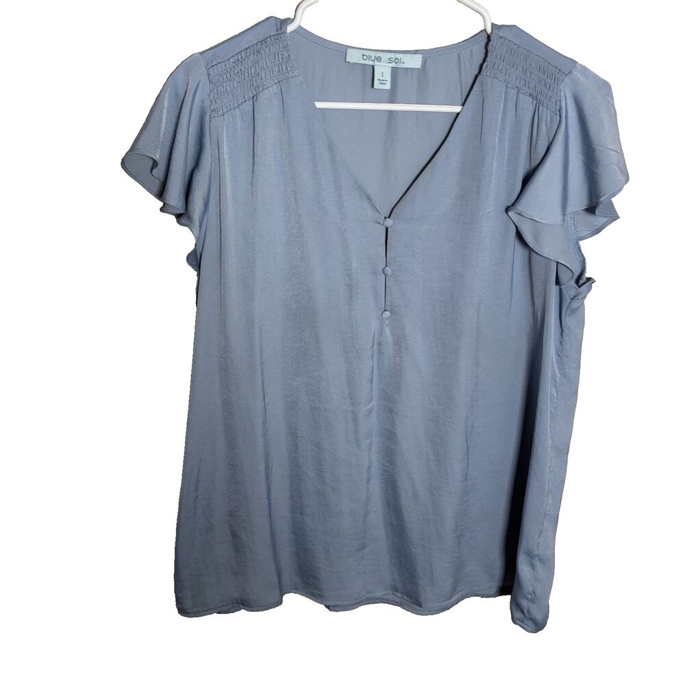 Blue Sol Blouse Women's Large V-Neck Ruffle Flutter Sleeve Lightweight Top